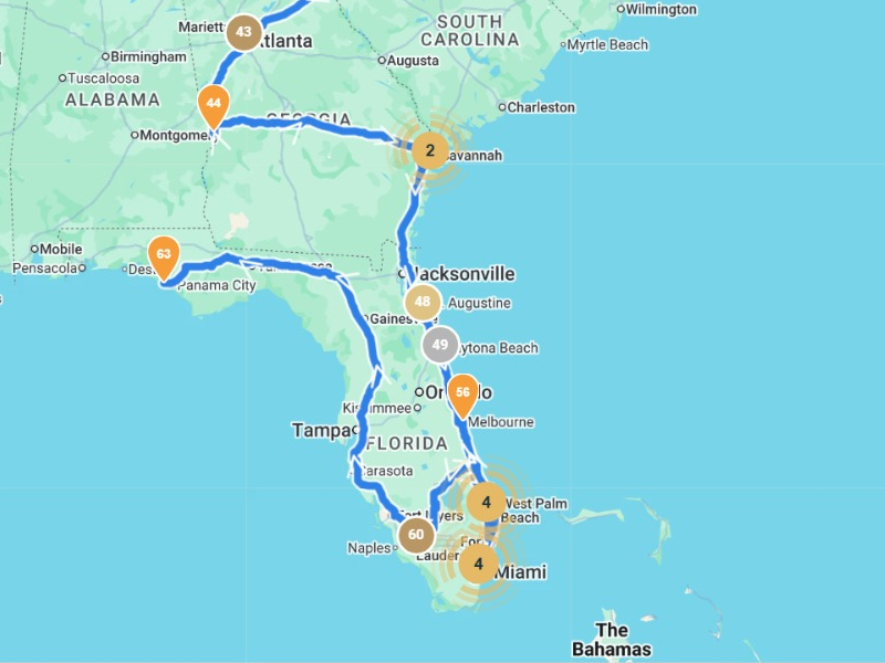 New locations on the route: Florida